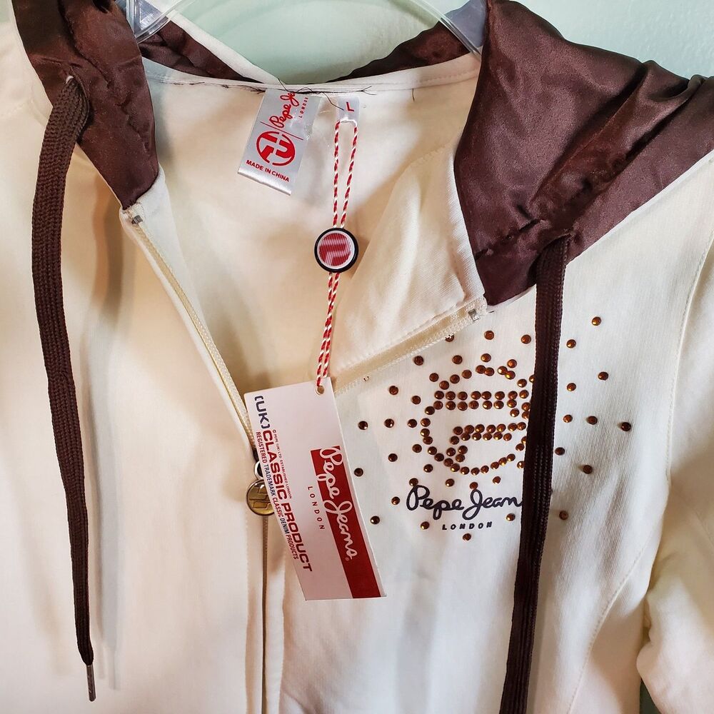 NWT Vintage Pepe Jeans London Y2K Rhinestone Cream and Brown Hoodie - Picture 2 of 8